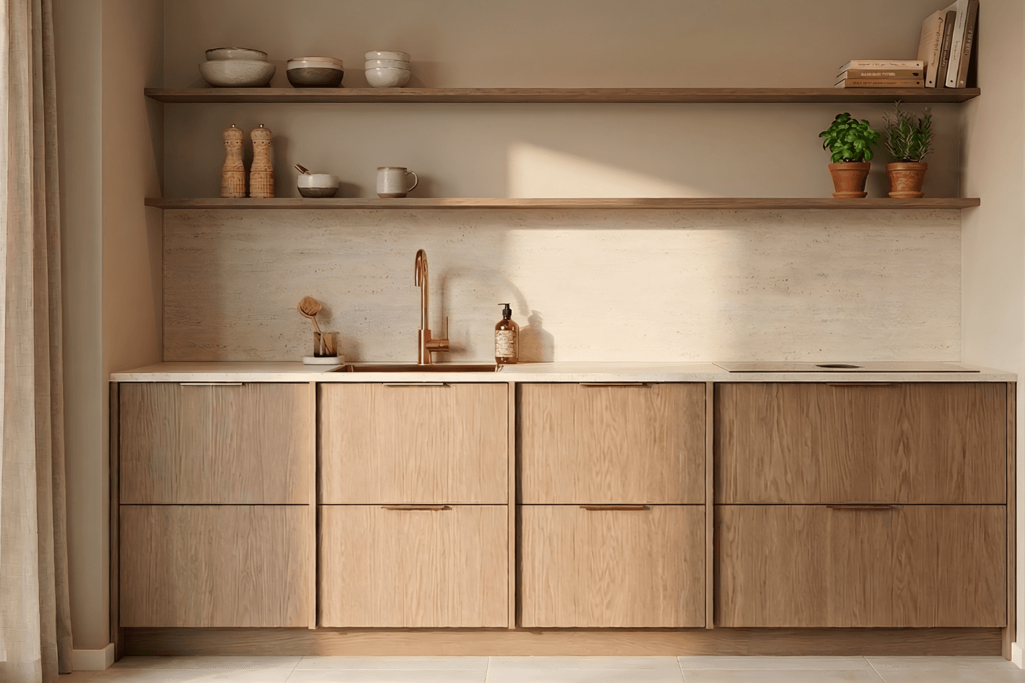 Houte beige keuken-v2.png Houte beige keuken met planken aan de bovenkant